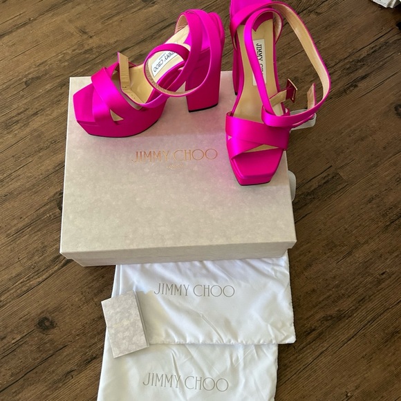 Jimmy Choo Gaia Ankle Wrap Platform Sandal in Fuchsia - Picture 9 of 9